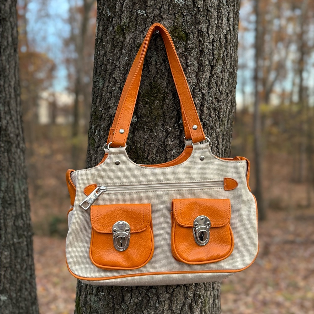 Vintage 90’s/Y2K Orange and Cream Women's Handbag